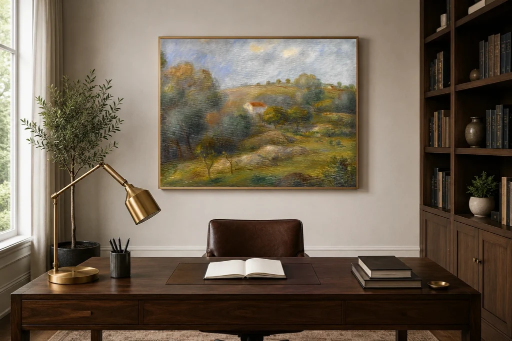 Framed print of Springtime in Essoyes hanging on a wall in a furnished room
