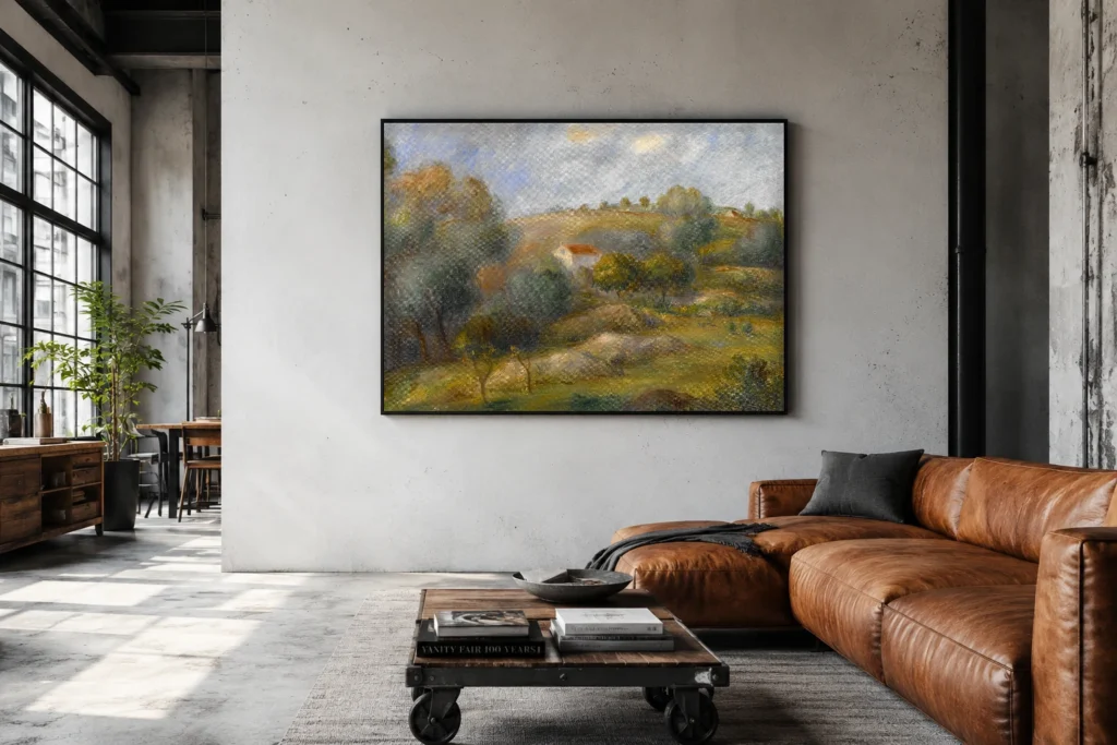 Framed print of Springtime in Essoyes hanging on a wall in a furnished room
