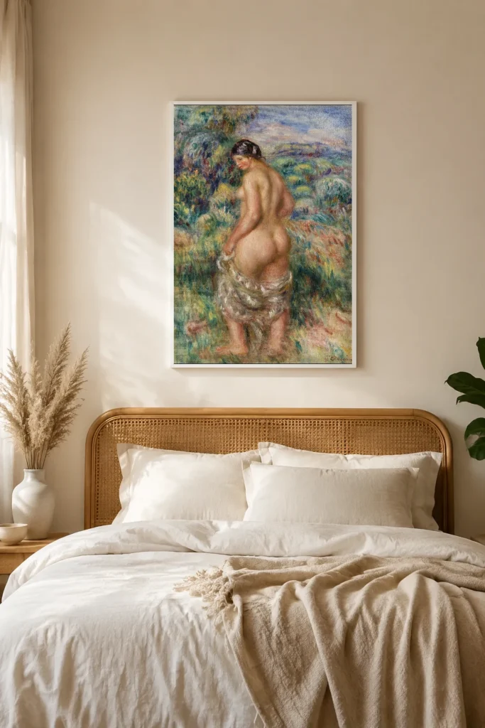 Framed print of Standing Bather (Baigneuse debout) hanging on a wall in a furnished room