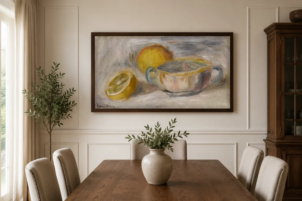 Framed print of Still Life With Lemons hanging on a wall in a furnished room