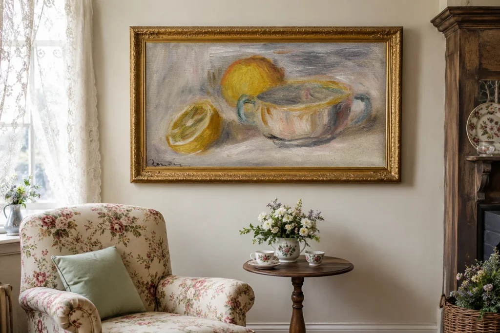 Framed print of Still Life With Lemons hanging on a wall in a furnished room