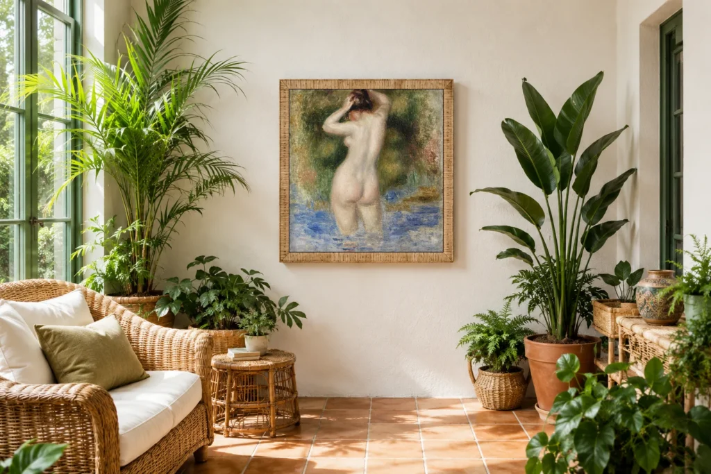 Framed print of Bather (Baigneuse) hanging on a wall in a furnished room