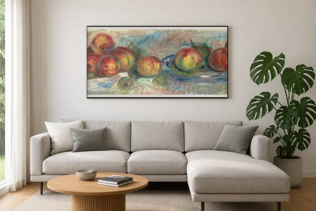 Framed print of Still Life with Apples hanging on a wall in a furnished room
