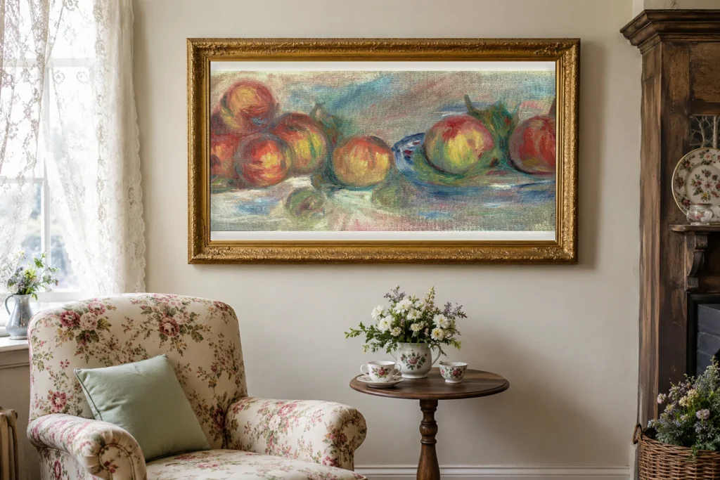 Framed print of Still Life with Apples hanging on a wall in a furnished room