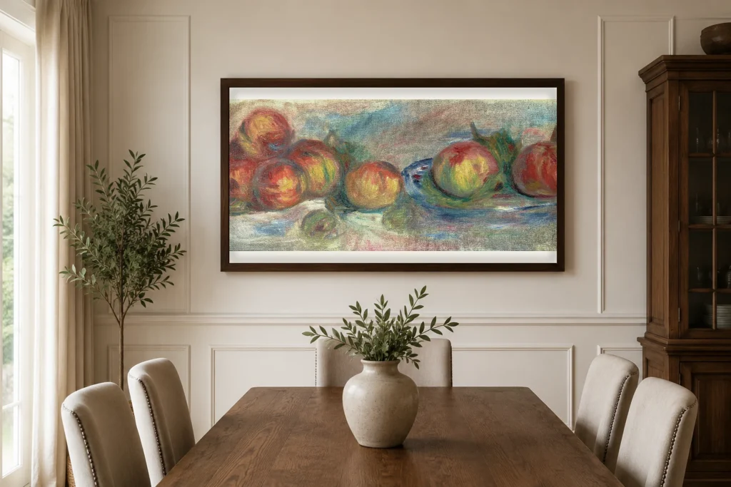 Framed print of Still Life with Apples hanging on a wall in a furnished room
