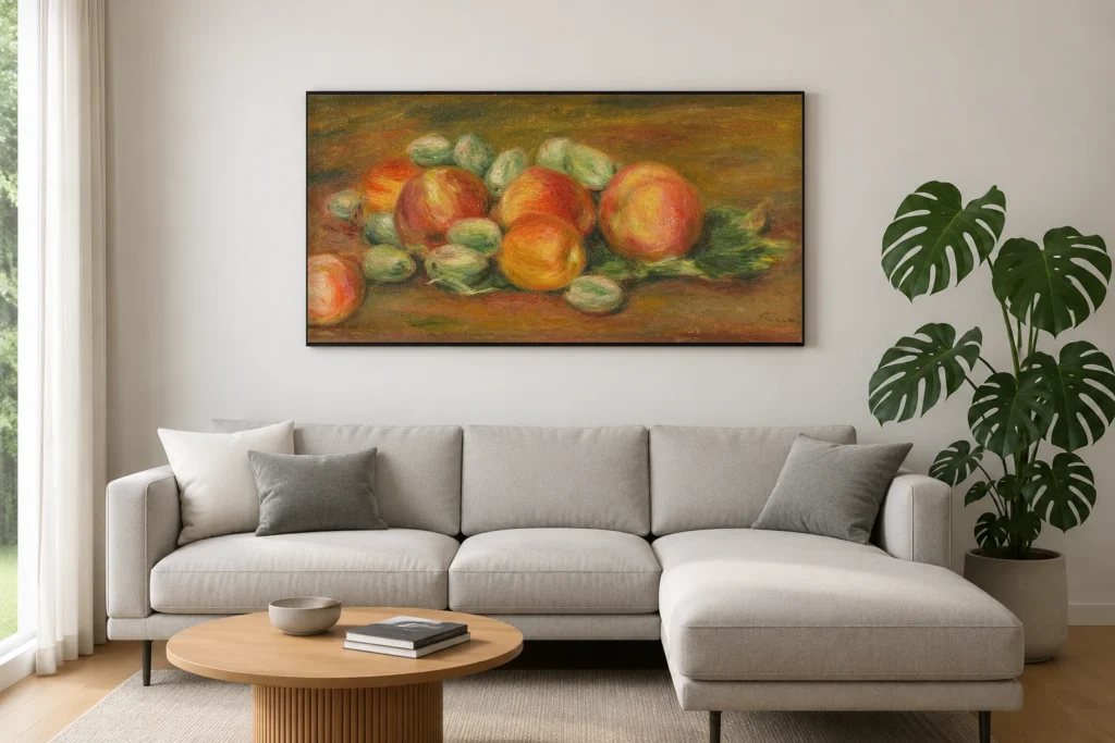 Framed print of Still Life with Apples hanging on a wall in a furnished room