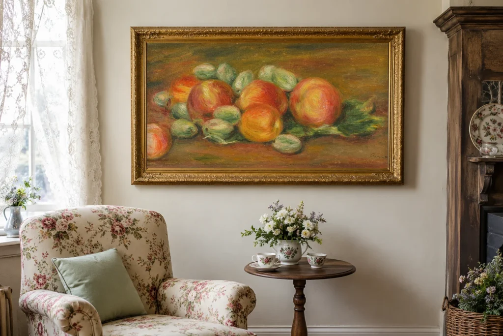 Framed print of Still Life with Apples hanging on a wall in a furnished room