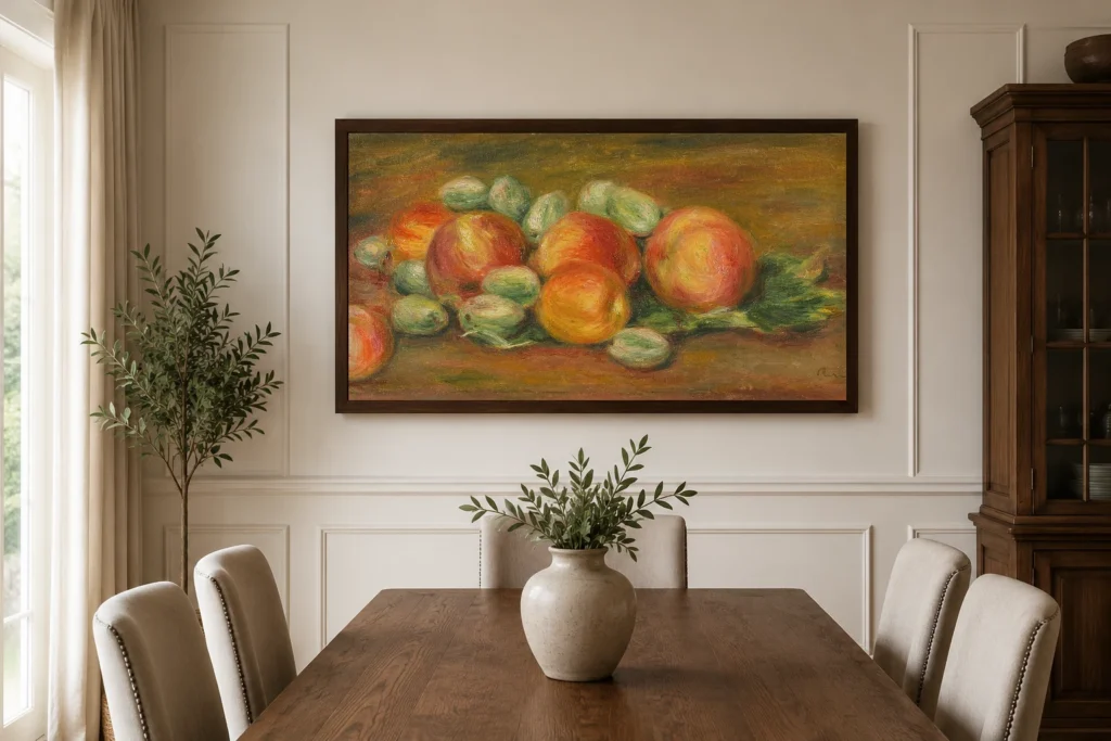 Framed print of Still Life with Apples hanging on a wall in a furnished room