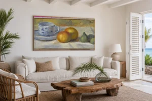Framed print of Still Life with Blue Cup hanging on a wall in a furnished room
