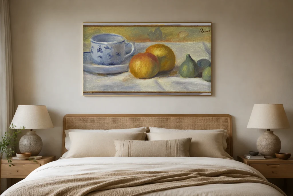 Framed print of Still Life with Blue Cup hanging on a wall in a furnished room