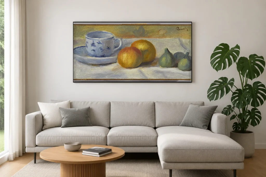 Framed print of Still Life with Blue Cup hanging on a wall in a furnished room