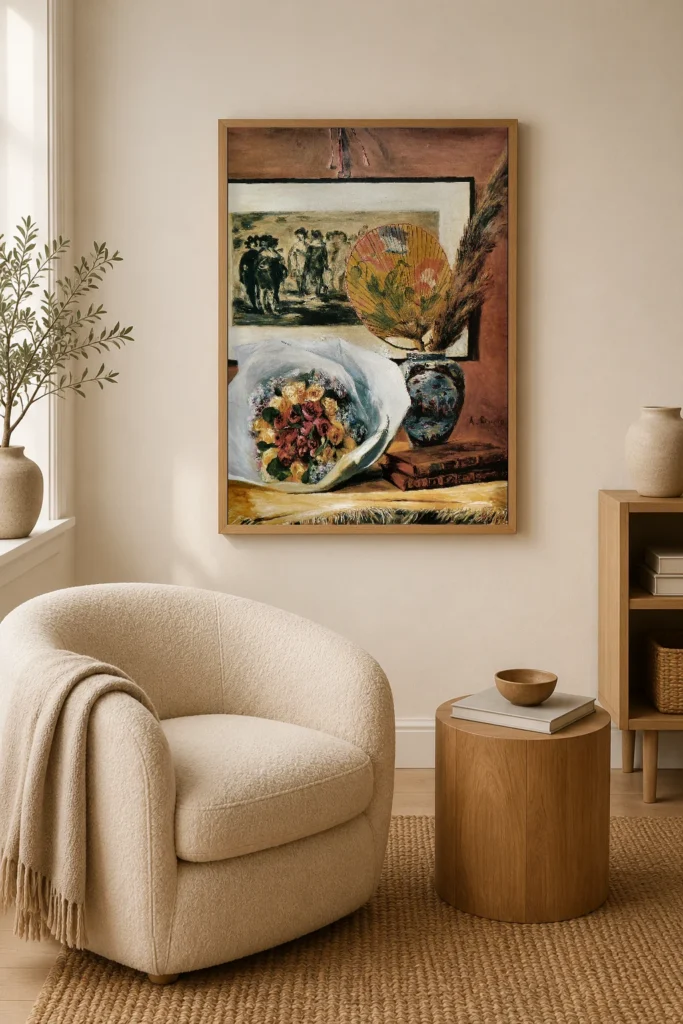 Framed print of Still Life with Bouquet and Fan hanging on a wall in a furnished room