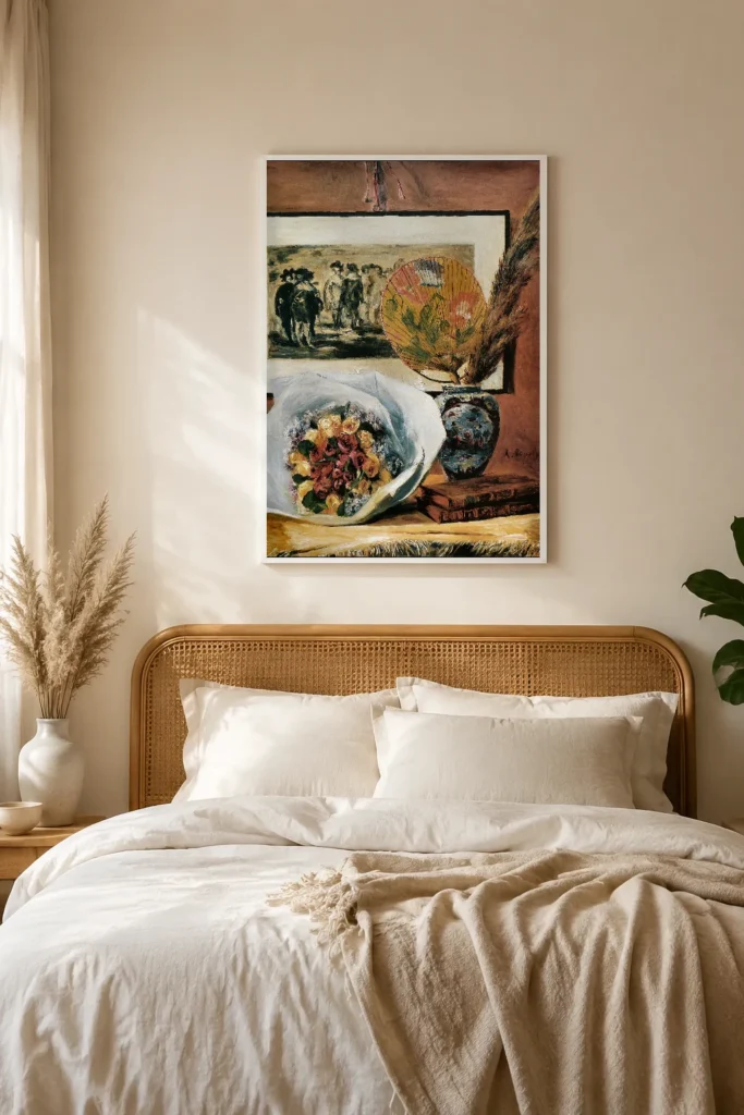 Framed print of Still Life with Bouquet and Fan hanging on a wall in a furnished room