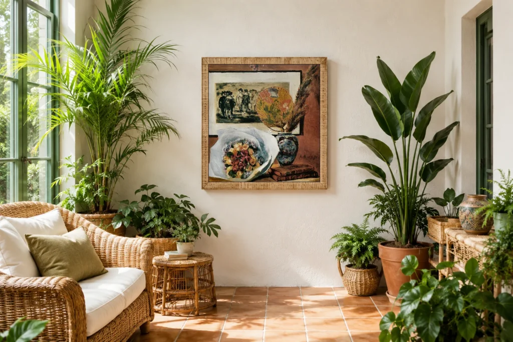 Framed print of Still Life with Bouquet and Fan hanging on a wall in a furnished room