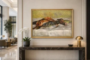 Framed print of Still Life with Fish hanging on a wall in a furnished room