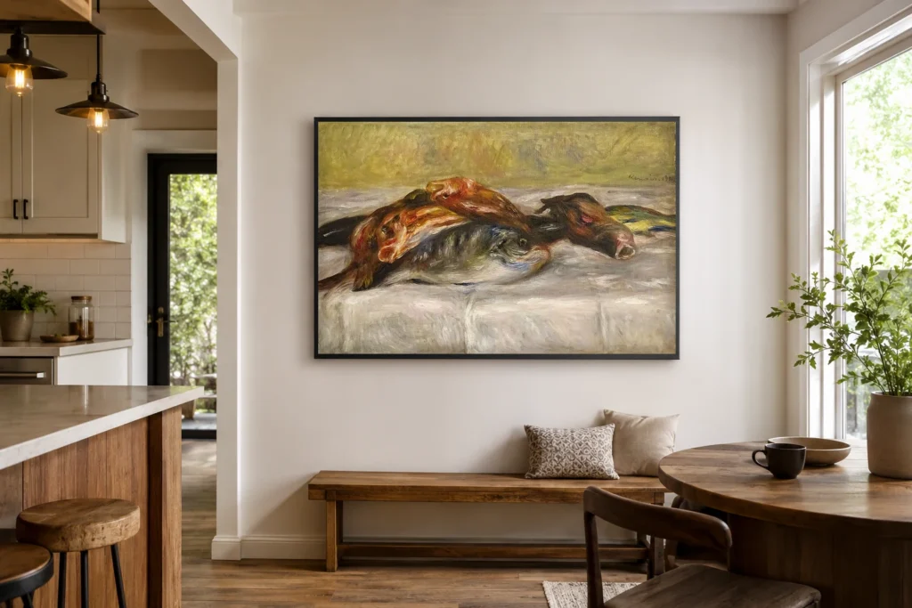 Framed print of Still Life with Fish hanging on a wall in a furnished room