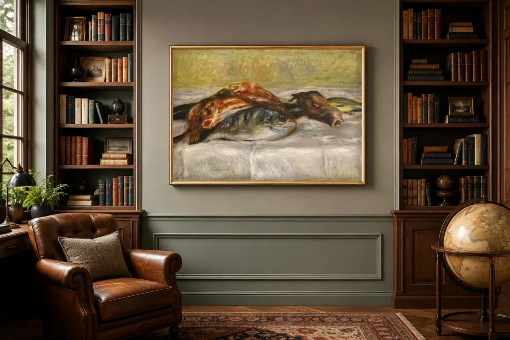 Framed print of Still Life with Fish hanging on a wall in a furnished room