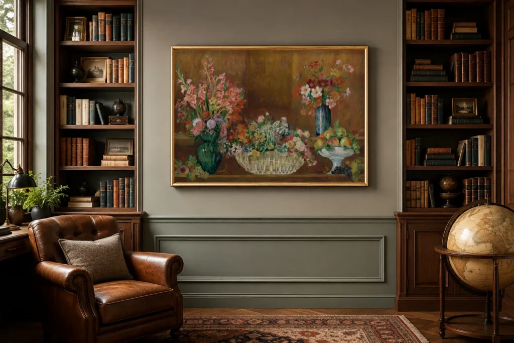 Framed print of Still Life with Flowers and Fruit hanging on a wall in a furnished room
