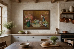 Framed print of Still Life with Flowers and Fruit hanging on a wall in a furnished room