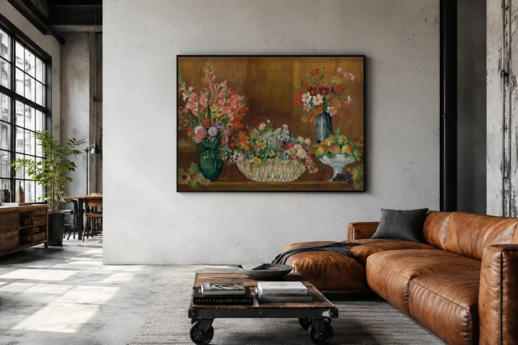 Framed print of Still Life with Flowers and Fruit hanging on a wall in a furnished room