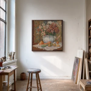 Framed print of Still Life with Flowers and Prickly Pears hanging on a wall in a furnished room
