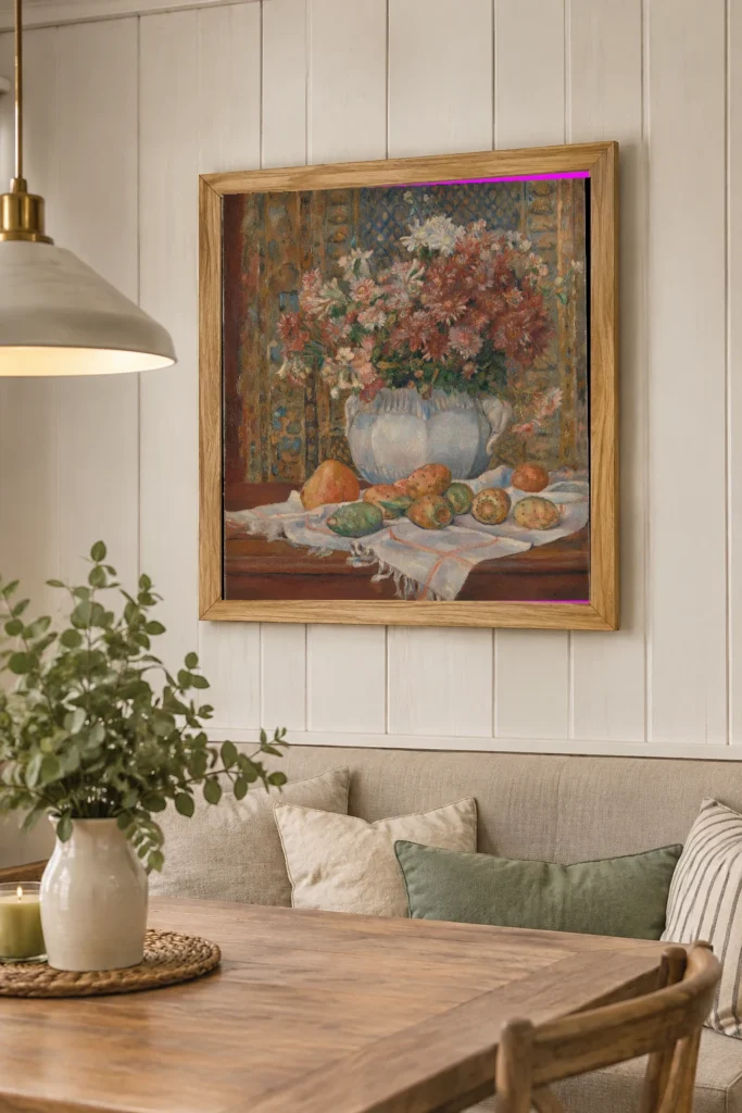 Framed print of Still Life with Flowers and Prickly Pears hanging on a wall in a furnished room