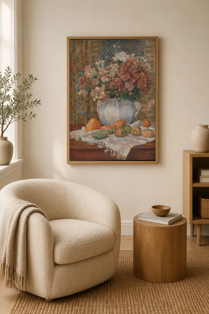 Framed print of Still Life with Flowers and Prickly Pears hanging on a wall in a furnished room