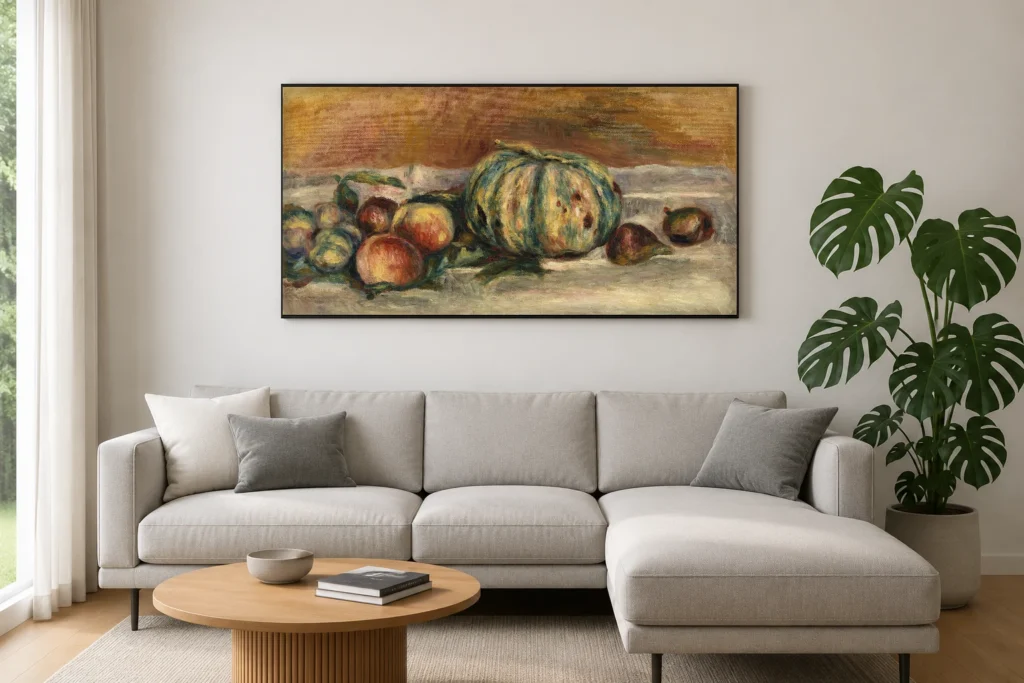 Framed print of Still Life with Melon (Nature morte au melon) hanging on a wall in a furnished room