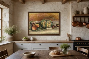 Framed print of Still Life with Melon (Nature morte au melon) hanging on a wall in a furnished room