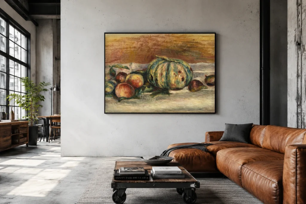 Framed print of Still Life with Melon (Nature morte au melon) hanging on a wall in a furnished room