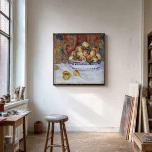 Framed print of Still Life with Peaches hanging on a wall in a furnished room