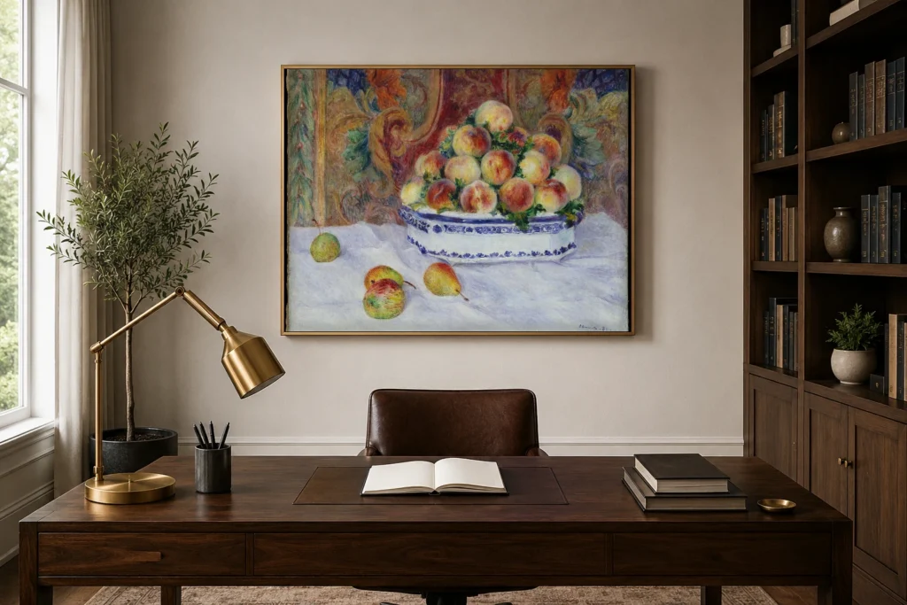 Framed print of Still Life with Peaches hanging on a wall in a furnished room