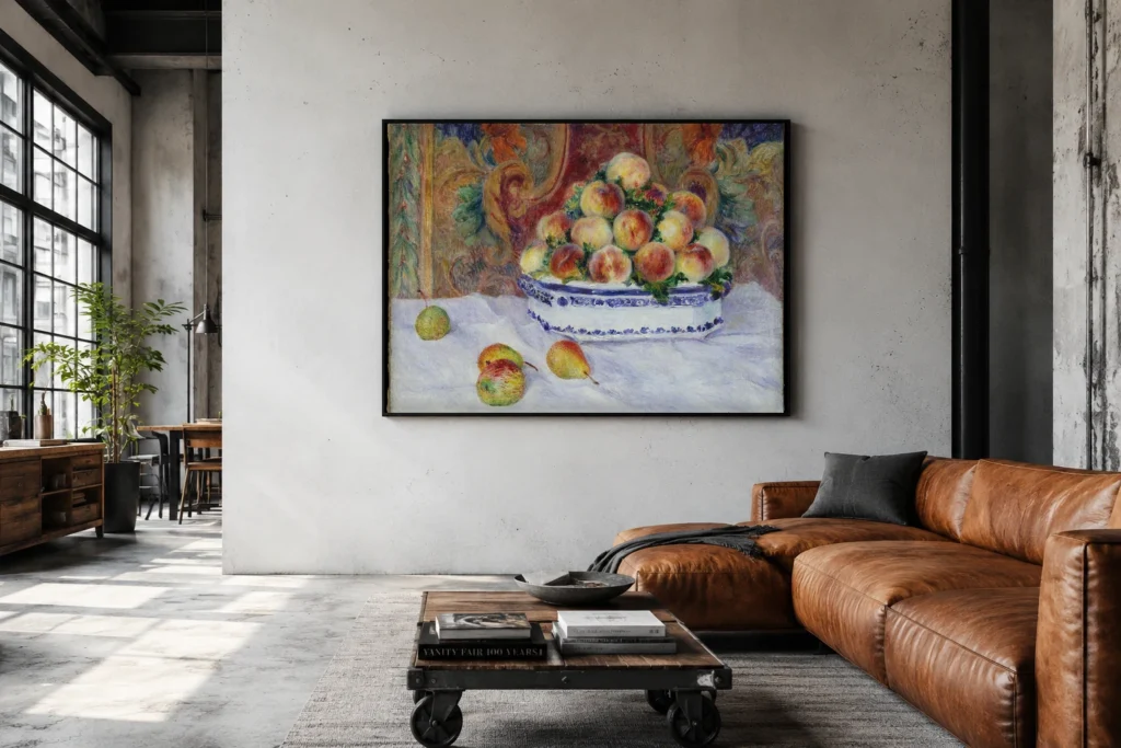 Framed print of Still Life with Peaches hanging on a wall in a furnished room