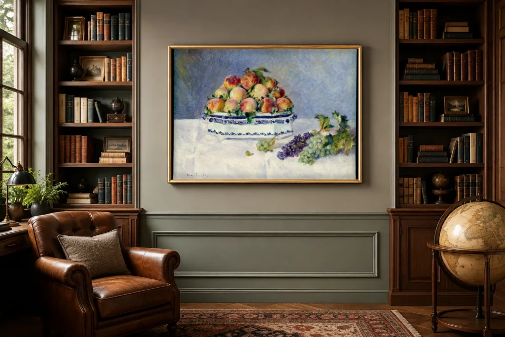 Framed print of Still Life with Peaches and Grapes hanging on a wall in a furnished room