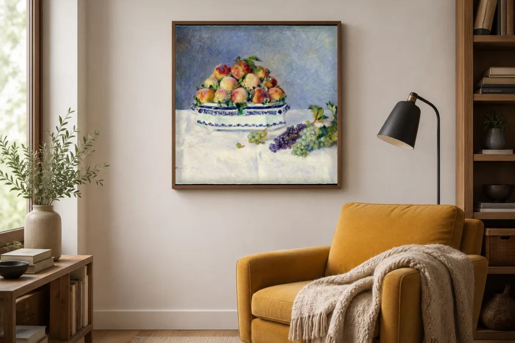 Framed print of Still Life with Peaches and Grapes hanging on a wall in a furnished room