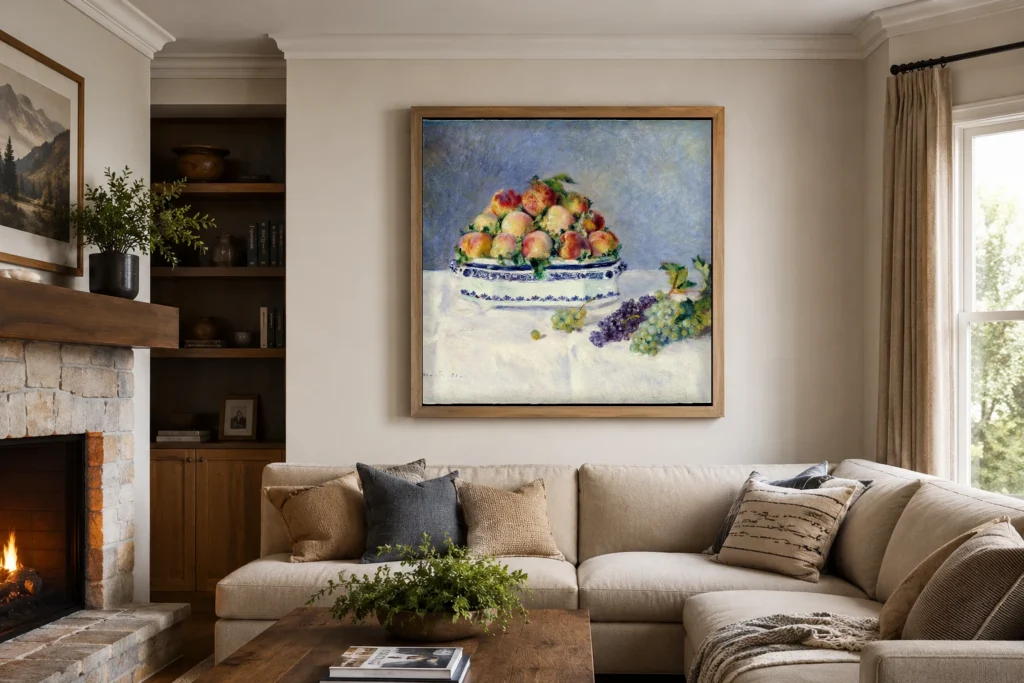 Framed print of Still Life with Peaches and Grapes hanging on a wall in a furnished room