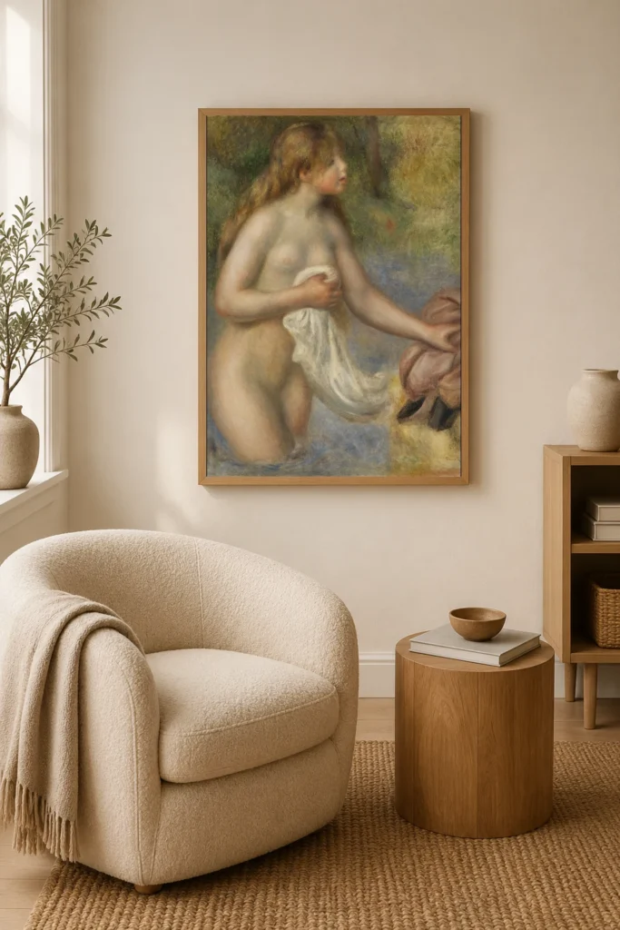 Framed print of Bather (Baigneuse) hanging on a wall in a furnished room