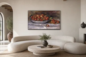 Framed print of Still Life with Strawberries hanging on a wall in a furnished room