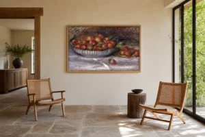 Framed print of Still Life with Strawberries hanging on a wall in a furnished room