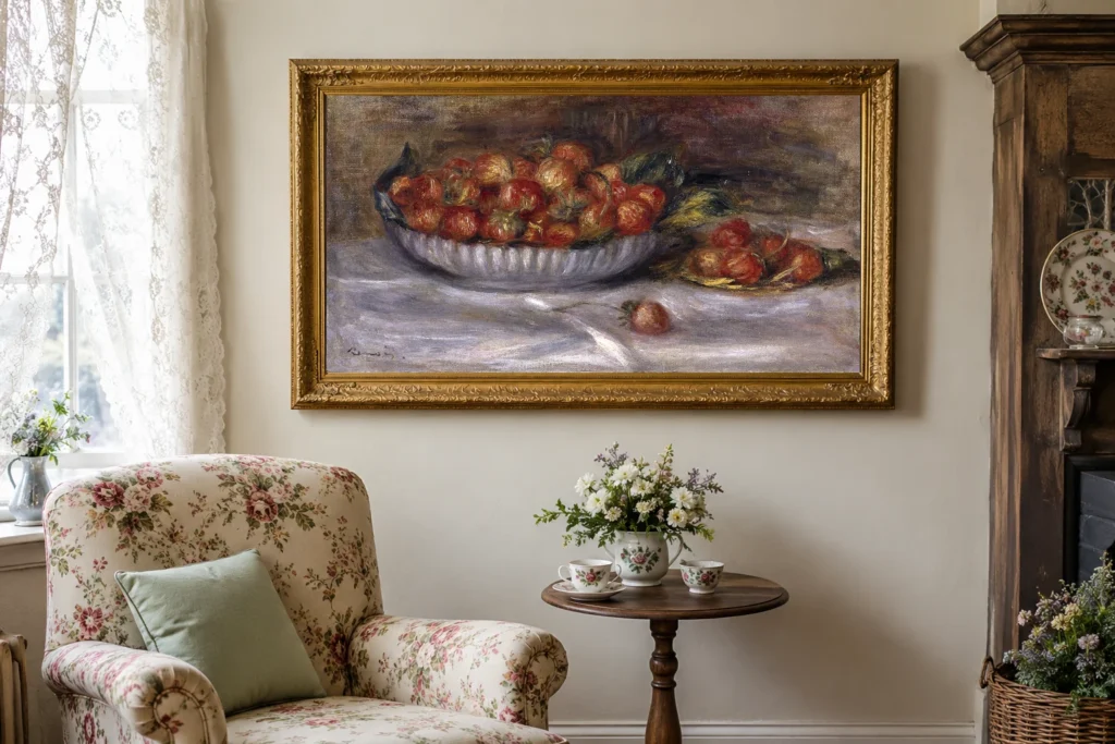 Framed print of Still Life with Strawberries hanging on a wall in a furnished room