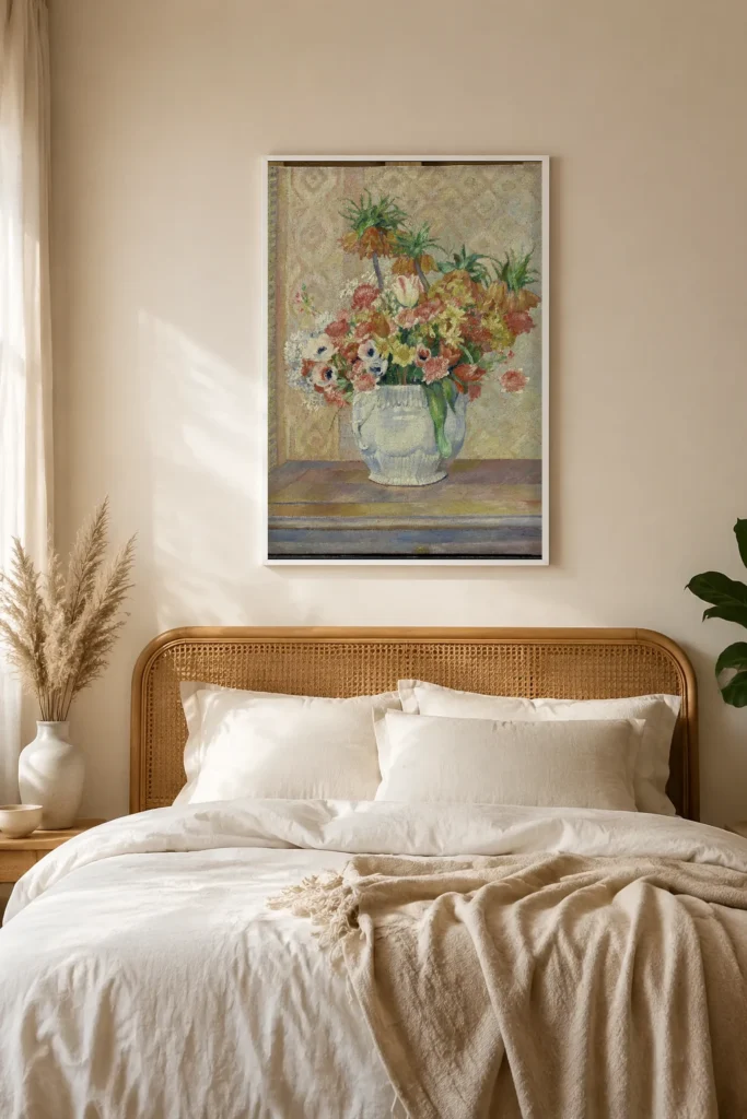 Framed print of Still Life: Flowers hanging on a wall in a furnished room
