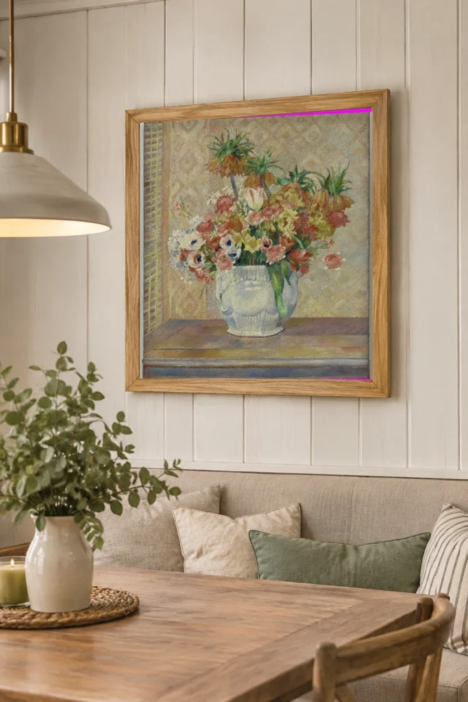 Framed print of Still Life: Flowers hanging on a wall in a furnished room