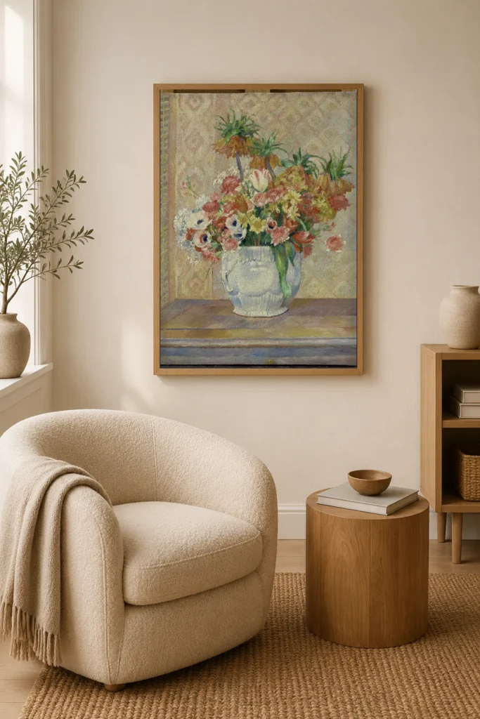 Framed print of Still Life: Flowers hanging on a wall in a furnished room