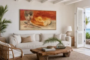 Framed print of Still life with wine glass and a half loaf of bread hanging on a wall in a furnished room