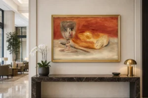 Framed print of Still life with wine glass and a half loaf of bread hanging on a wall in a furnished room