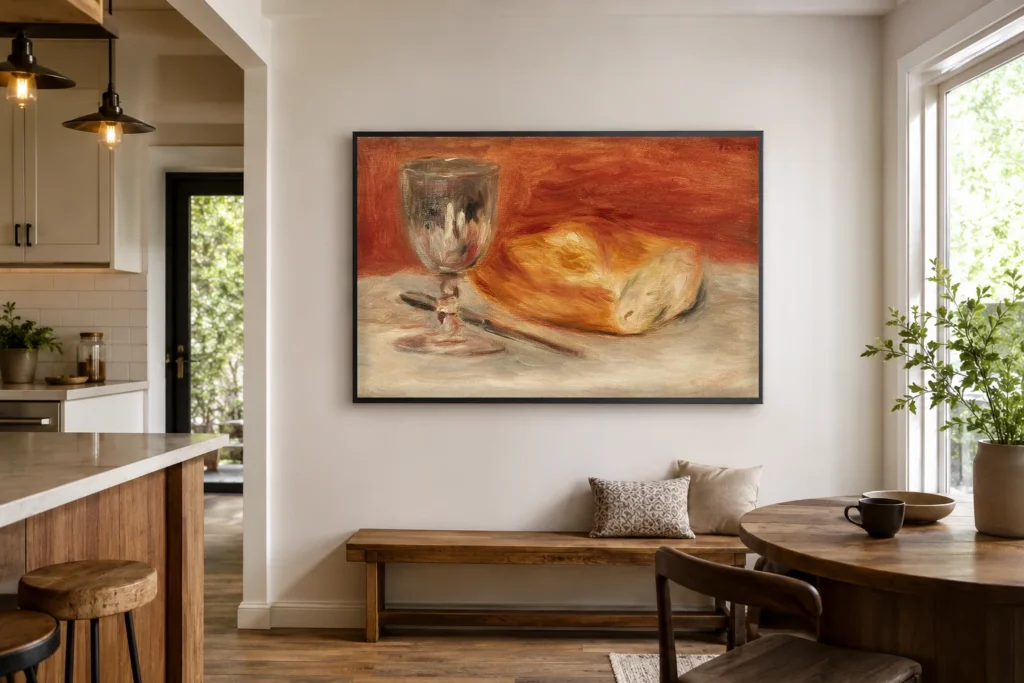 Framed print of Still life with wine glass and a half loaf of bread hanging on a wall in a furnished room