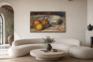 Framed print of Still-life with lemons and a cup hanging on a wall in a furnished room