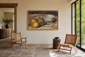 Framed print of Still-life with lemons and a cup hanging on a wall in a furnished room