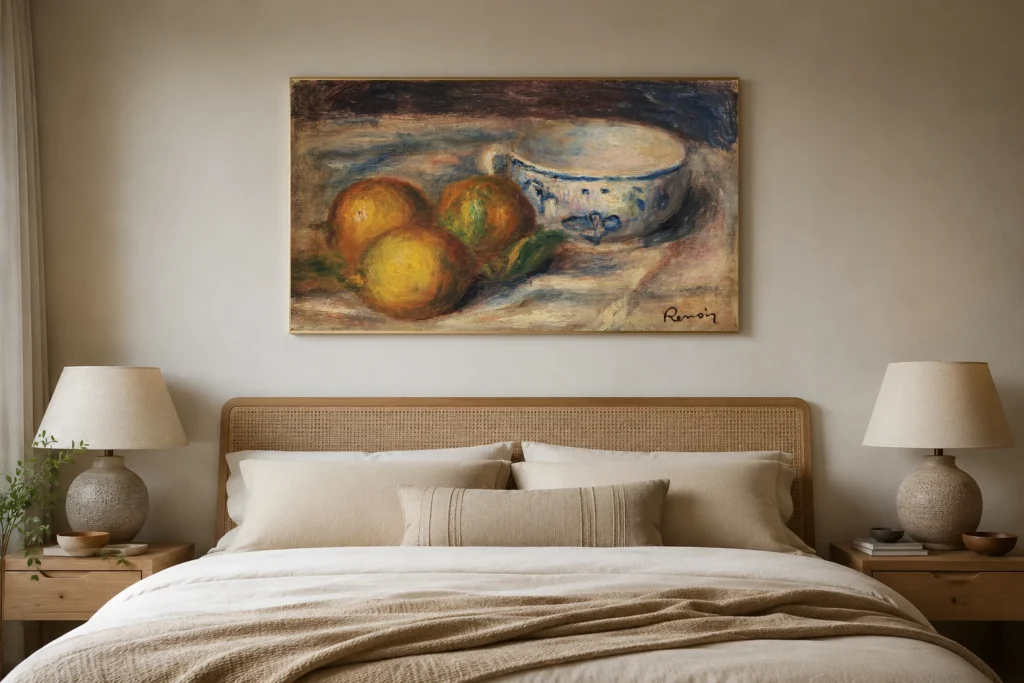 Framed print of Still-life with lemons and a cup hanging on a wall in a furnished room