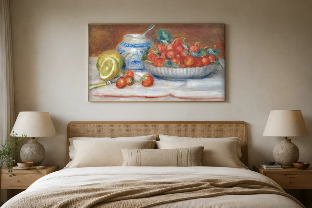 Framed print of Strawberries hanging on a wall in a furnished room